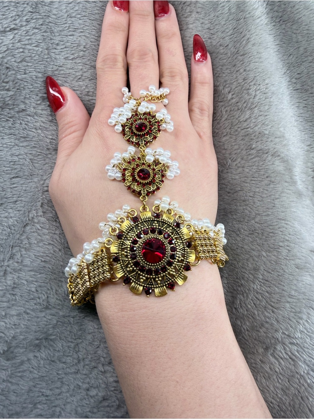 Gold-Tone Red Gem and Pearl Hand Bracelet